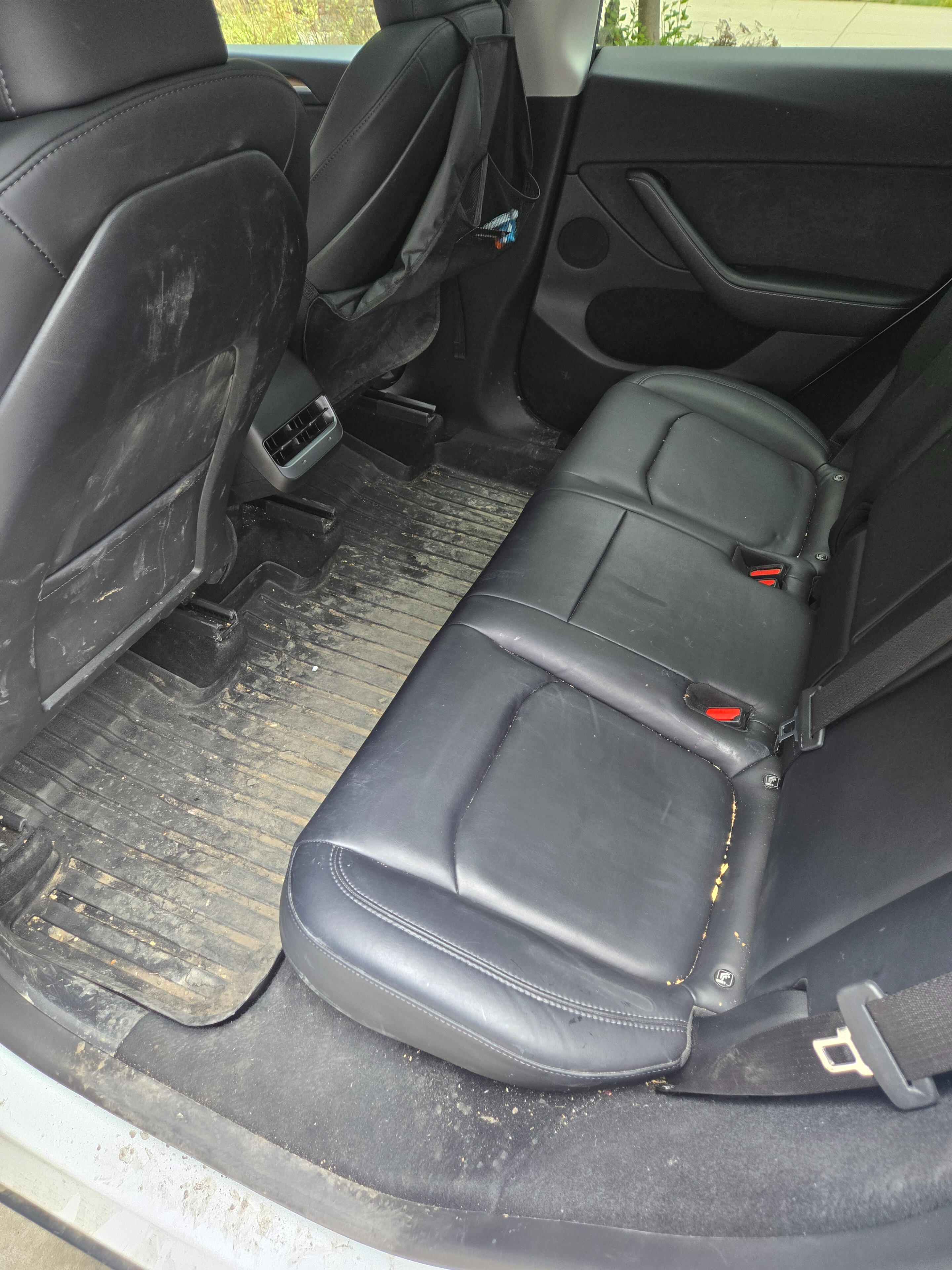 dirty Tesla Model 3 backseat before professional cleaning, Calgary.